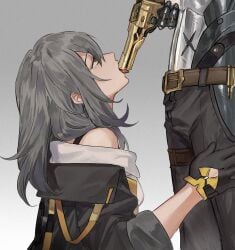 1boy 1female 1girls 1male blowjob_gesture boothill_(honkai:_star_rail) clothing cowboy cyborg female fully_clothed fully_clothed_female fully_clothed_male gloves gold_(metal) golden_gun gray_hair gun gun_in_mouth gunplay hand_on_thigh honkai:_star_rail human kneeling kneeling_oral_position licking_gun looking_up looking_up_at_partner male medium_hair mihoyo pale_skin phallic_symbol revolver sexually_suggestive stars4993 stelle_(honkai:_star_rail) submissive submissive_female suggestive suggestive_gesture suggestive_look tongue tongue_out yellow_eyes