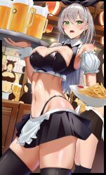 1boy 2girls 3others alcohol annoyed annoyed_expression beer beer_mug black_panties black_thighhighs blush breasts cleavage cleavage_cutout commentary earrings female female_focus food french_fries fries frills green_eyes haska_(user_gure4787) hi_res highleg_panties highres indoors lantern light-skinned_female light_skin maid maid_uniform microskirt muscular muscular_male navel open_mouth original original_character panties paper_lantern restaurant revealing_clothes serving_food serving_tray short_hair silver_hair skirt sweat thighhighs thighs waiter waitress wrist_cuffs