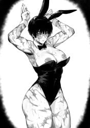 breasts bunnysuit burn_scar jujutsu_kaisen masoq095 monochrome scars very_short_hair zenin_maki