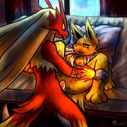 1boy 1girls 2012 blaziken blue_eyes breasts eeveelution female female_penetrated femsub green_eyes haychel jolteon male male_blaziken male_penetrating male_penetrating_female maledom nintendo penetration penis pokemon pokemon_(species) red_body sex straight vaginal_penetration yellow_fur