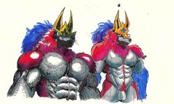 abs anthro balls body_hair canid canine canis chest_hair crown fur generation_8_pokemon genitals headgear hi_res legendary_pokemon male male_focus male_only mammal multicolored_body multicolored_fur muscular muscular_anthro muscular_male nintendo penis pinumontbalou pokemon pokemon_(species) pubes solo traditional_media_(artwork) wolf zamazenta