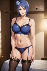 1girls abs adapted_costume ai_generated akatsuki_(naruto) artist_name bed bedroom belly_piercing blazeren_ai/3d blue_hair blush bra breasts female female_only flower flower_in_hair garter_belt garter_straps hair_ornament hi_res indoors konan lingerie long_hair looking_at_viewer makeup mature mature_female midriff nai_diffusion naruto naruto_(series) naruto_shippuden orange_eyes panties patreon_username piercing pinup shoulder_length_hair stable_diffusion standing stockings twitter_username underwear underwear_only url watermark web_address