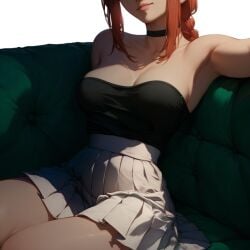 ai_generated armpit black_topwear braid chainsaw_man choker cleavage couch crop_top eyes_out_of_frame female furniture green_couch l-major leotard makima_(chainsaw_man) mommy off_shoulder out_of_frame skirt smile smirk strapless strapless_dress strapless_leotard white_skirt