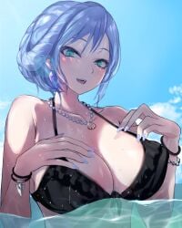 beach_background bikini blue_eyes blush bra breasts brws collar cyan_eyes duel_monster earrings female female_focus hi_res huge_breasts looking_at_viewer maiden_of_the_aqua smile yu-gi-oh!