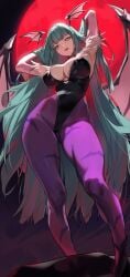 1girls 2023 arms_behind_head bat_print capcom darkstalkers female female_only full_moon green_eyes green_hair head_wings hi_res leotard long_hair looking_at_viewer morrigan_aensland pantyhose pinkmill purple_pantyhose red_moon smiling smiling_at_viewer solo succubus succubus_wings very_long_hair viewed_from_below wings