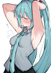 1girls armpit_crease armpit_fetish armpit_sweat armpits arms_up blush blushing clothed female female_only fully_clothed hatsune_miku kobinbin light-skinned_female light_skin steam steamy_armpits sweat sweating sweaty sweaty_armpits turquoise_hair twintails vocaloid