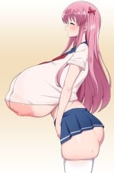 ass ass_visible_through_thighs bow breasts breasts_bigger_than_head cham22 closed_eyes female from_side gigantic_breasts hairbow haramura_nodoka huge_ass ineffective_clothing inverted_nipples kiyosumi_school_uniform large_areolae long_hair open_mouth pink_hair profile saki saki_(manga) school_uniform simple_background skindentation skirt smile solo sweat thick_thighs thighhighs thighs