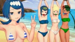 3d 4girls arms_tied ball_gag beach bikini blonde_hair blue_bikini blue_eyes blue_hair blue_swimsuit bondage breasts clouds female female_only gag gagged green_bikini green_eyes green_hair green_swimsuit hair_flower hair_ornament human koikatsu lana's_mother_(pokemon) lana_(pokemon) large_breasts lillie_(pokemon) looking_at_viewer mallow_(pokemon) medium_breasts midriff milf mother_and_daughter multiple_girls navel nintendo ocean oof_(artist) outside pokemon pokemon_sm ponytail rope rope_bondage short_hair sky striped_bikini striped_swimsuit swimsuit twintails water white_bikini white_swimsuit yuri