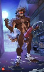 animal_genitalia animal_penis balls bara big_balls big_penis blush body_hair cum erection hairy_male male male_nipples male_only muscular_male nipples nude omar_(deepdarkjc) patto penis twitter_user_oc werewolf