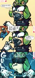 3girls absurd_res afrosoricid anthro begging blue_eyes bodily_fluids bound canid canine canis clothing comic cruelty dialogue digital_media_(artwork) domestic_dog ear_piercing electricity eviltqf female female/female forced furry furry_female furry_only green_body group hair hi_res idw_publishing lemur looking_down mammal mouth_shot open_mouth oral oral_vore piercing primate ring_piercing sadism saliva saliva_on_tongue saliva_string same_size_vore sega sharp_teeth shocking sonic_(series) sonic_the_hedgehog_(comics) sonic_the_hedgehog_(idw) sonic_the_hedgehog_(series) speech_bubble strepsirrhine surge_the_tenrec swallowing swallowing_sound_effect tangle_the_lemur teeth tenrec text tongue trio vore whisper_the_wolf wolf