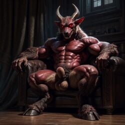 ai_generated alpha_male balls beefy canine daddy demon fox fox_demon hybrid looking_at_viewer male male_only manly muscular_male realistic red_skin semi-erect sheath sitting sitting_on_couch solo tough_guy