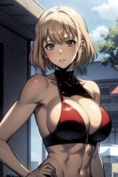 abs ai_generated bikini blonde_hair blush bra cha_hae_in looking_at_viewer muscular posing short_hair solo_leveling