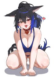 :3 absurdres animal_ears bikini black_hair blue_bikini blue_hair blush breasts character_request collar collarbone commentary_request cute_fang dungeon_and_fighter female hair_between_eyes heterochromia highres korean_commentary large_breasts looking_at_viewer multicolored_hair pussy_juice red_collar red_eyes saliva sangobob solo squatting swimsuit tail tongue tongue_out two-tone_hair