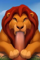 ai_generated big_cock big_paws big_penis blowjob blue_sky brown_eyes brown_nose disney dominant_feral dominant_male fellatio feral feral_male feral_on_human grass human human_penis humanoid_genitalia humanoid_penis hungry_mouth intense_stare licking licking_penis lion looking_at_viewer looking_down male male_focus male_human/female_feral male_on_feral mane mane_hair mouth_full_of_cock mufasa penis penis_in_mouth penis_lick pink_penis red_hair stare the_lion_king viewer_perspective whiskers yellow_fur yellow_sclera zoophilia