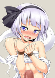 bare_shoulders blue_eyes blush bondage bound_wrists bust censored chains cuffs hairband handcuffs hitodama looking_at_viewer mosaic_censoring off_shoulder open_mouth penis sarashi short_hair silver_hair simple_background solo tear touhou underwear underwear_only yasojima_nejiro youmu_konpaku youmu_konpaku_(ghost)