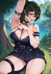 ai_generated arm_up armpit_crease armpit_fetish armpit_peek armpits balecxi black_panties green_eyes green_hair head_tilt looking_at_viewer panties_peek panty_peek ponytail sitting smug smug_face sousou_no_frieren spreading_armpit ubel_(sousou_no_frieren)