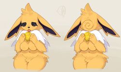 2024 4_fingers anthro big_breasts black_sclera breasts crotch_tuft eeveelution featureless_breasts female fingers food fruit fur generation_1_pokemon hi_res holding_food holding_fruit holding_object jolteon kame_3 lemon meme navel nintendo nude plant pokemon pokemon_(species) simple_background solo spiral thour_(meme) tongue tongue_out tuft yellow_body yellow_fur