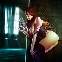 1girls achibner andrew_hibner breasts brown_eyes brown_hair firearm gun hand_on_knee handgun helena_harper highres jewelry large_breasts lips off_shoulder panties pistol resident_evil resident_evil_6 solo thighhighs underwear weapon