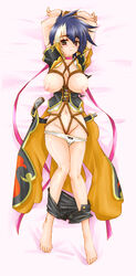 1girls arms_behind_head barefoot belt blue_hair bondage breasts brown_eyes dakimakura female gien_bunchou highres koihime†_(series) koihime_musou large_breasts mali multicolored_hair navel pussy short_hair shorts shorts_pull solo two_tone_hair white_hair