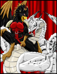 arskatheman avian beak black blue_eyes breasts claws dragon female horn male penetration penis red_eyes scalie siami vaginal_penetration white_scales wings