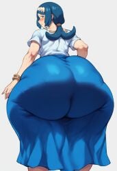 1girls ai_generated ass_bigger_than_head big_ass blue_eyes blue_hair blush fat_ass female female_only gvukub huge_ass human hyper_ass lana's_mother_(pokemon) milf nintendo pokemon solo