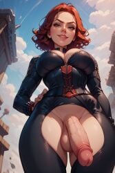 ai_generated ai_hands big_breasts black_widow_(marvel) breasts close-up clothes clothing cock dickgirl dominant_futanari from_below futa_only futadom futanari ginger ironart large_penis low-angle_view marvel medium_breasts open_clothes outdoors outside penis penis_out red_hair smile smiling smiling_at_viewer smug smug_face solo street submissive_pov taker_pov teeth teeth_showing uncut vein veiny_penis