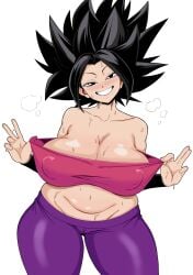 1girls big_breasts black_hair blush bunkwizard caulifla cleavage color color_edit colorized dragon_ball dragon_ball_super female female_only gonzalo_costa large_ass large_breasts looking_at_viewer looking_back navel nipple_bulge peace_sign presenting pulling_shirt slightly_chubby solo solo_female solo_focus sweat sweatdrop thick_thighs thighs tubetop wide_hips