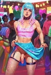 1boy 1femboy ai_generated balls blue_hair bob_cut club collar crop_top crossdressing dancing femboy fishnet_legwear fishnet_stockings fishnets flaccid flaccid_penis freckles garter_straps male male_only midriff nightclub no_panties penis pink_hair skirt_lift solo somnectar testicles thighhighs upskirt