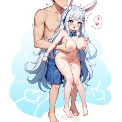 ai_generated animal_ears big_breasts blue_eyes breasts_grabbed_from_behind cum cum_drip cum_in_ass dangling_legs heart-shaped_pupils idle_moon_rabbit idle_moon_rabbit_afk_rpg lactation moon_rabbit nude rabbit rabbit_ears suspended_on_penis white_hair