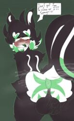 absurd_res anonymous_artist anthro anus ass backsack balls big_balls big_tail black_body black_fur blush blushing_at_viewer blushing_profusely bodily_fluids dessert doughnut ear_tuft food fur genitals green_body green_fur hair head_tuft hi_res looking_at_viewer male mammal mephitid musk musk_clouds musky_balls musky_butt nude presenting presenting_hindquarters skunk smile smiling_at_viewer smirk solo stinky_(stinky_the_skunk) striped_skunk stripes sweat tail teeth text threatening threatening_viewer tuft white_body white_fur white_hair white_stripes