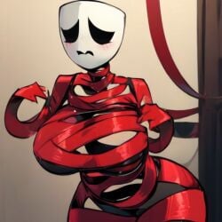 ai_generated big_breasts gangle_(the_amazing_digital_circus) gangle_with_thick_ribbons mask masked_female pixai red_ribbons the_amazing_digital_circus thick_hips thick_thighs