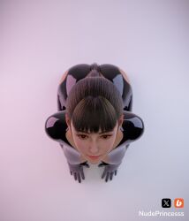 3d ass bangs eve_(stellar_blade) eye_contact female hi_res kneeling latex_suit nudeprincesss realistic solo stellar_blade teenager