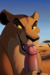 ai_generated black_nose blowjob brown_eyes claws claws_out disney disney_villains dominant_female dominant_feral eyebrows facial_markings fellatio female female_focus feral feral_female feral_on_human holding_penis human human_penis humanoid_genitalia humanoid_penis licking licking_penis lion lioness looking_at_viewer male_human/female_feral male_on_feral seducing_viewer seductive seductive_eyes seductive_look seductive_smile tan_fur teeth_showing the_lion_king the_lion_king_ii:_simba's_pride yellow_sclera zira zoophilia