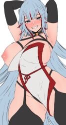 areola arms_behind_head blue_hair curvaceous curvy_figure edmun gloves horns kuusetsu large_breasts long_hair mato_seihei_no_slave mole mole_under_eye monster_girl nipple pelvic_curtain red_strand_of_hair red_streak smile thick_thighs wide_hips