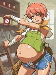 1girls belt erect_nipples erect_nipples_under_clothes erection female female_only looking_at_viewer mostly_clothed outie_navel pregnant red_hair rune_factory rune_factory_tides_of_destiny short_hair short_shorts sierra_(rune_factory) small_breasts smile smiling smiling_at_viewer tagme tenseiani unbuttoned_pants