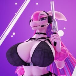 3d 3d_(artwork) anthro big_breasts bra breasts digital_media_(artwork) female fur furry genitals gun headgear headphones hi_res huge_breasts legwear looking_at_viewer lovander lovander_(mayosplash) mayosplash pal_(species) palworld pink_body pink_hair pocketpair revolver scalie solo tagme thick_hips thigh_highs xazter3d