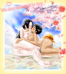 2girls ass blue_eyes blush boa_hancock breasts cherry_blossoms female female_only human jaredofart luffyko monkey_d_luffy multiple_females multiple_girls one_piece pussy rule_63 scar straw_hat yuri