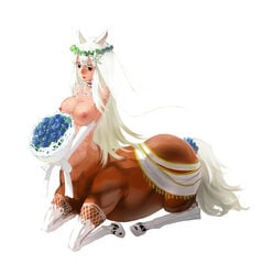 animal_ears bouquet breasts bride brown_eyes centaur elbow_gloves female hair_ornament horse_ears huge_breasts monster_girl otaku_(artist) simple_background solo tail taur topless wedding_dress white_background white_hair