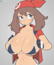 1girls bandana bare_arms bare_shoulders big_breasts bikini bikini_top blue_eyes bra brown_hair clothed clothing color cooliehigh female female_focus female_only game_freak gloves hi_res huge_breasts large_breasts light-skinned_female light_skin long_hair may_(pokemon) nintendo overflowing_breasts pokemon pokemon_rse pokemon_trainer skindentation solo solo_female sweat tagme thick_thighs undressing