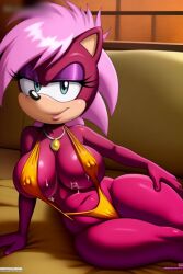 ai_generated ass breasts couch hips magenta_fur nippels oiled pink_hair sega shiny_skin sling_bikini sling_swimsuit sonia_the_hedgehog sonic_(series) sonic_the_hedgehog_(series) sonic_underground tagme two_tone_body