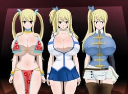 big_breasts blonde_hair breasts brown_eyes cleavage ed-jim fairy_tail gigantic_breasts hypnosis legs lucy_heartfilia mind_control multiple_girls nipple_bulge nipples_visible_through_clothing ponytail ponytails shiny_skin thick_legs twintails