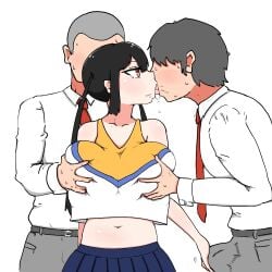 2boys belt black_hair blue_skirt breasts bulge cheerleader collarbone collared_shirt commentary_request cowboy_shot crop_top deep_skin double_breast_grab erection erection_under_clothes expressionless faceless faceless_male female grabbing_another's_breast grabbing_from_behind grey_belt grey_hair grey_pants groping handjob handjob_over_clothes huge_breasts jitome kissing long_hair long_sidelocks long_sleeves madoro mamiya_hina multiple_boys navel necktie original pants pleated_skirt profile red_eyes red_necktie school_uniform shirt sidelocks simple_background skirt standing sweat tongue tongue_out tsurime twintails white_background white_shirt