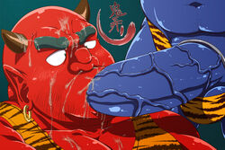 2boys bara blue_oni blue_skin blush cock_ring cum cum_everywhere demon earring fangs fellatio gay horns huge_cock japanese_mythology loincloth male male_only messy muscles mythology oni oral penis pointy_ears red_oni red_skin sweat testicles uncensored veins veiny_penis yaoi