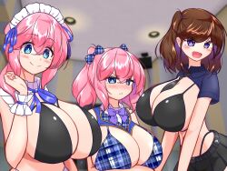 3girls big_breasts bikini g_string kemonomichi maid_uniform milf multiple_girls older_female original_characters skirt twintails