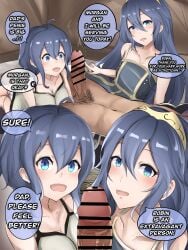 1boy 2girls ahoge bare_arms bare_shoulders bent_over blue_eyes blue_hair breasts censored cleavage coat cock_shock collarbone comic daughter dress english_text family_sex father father_and_daughter female female_focus ffm_threesome fire_emblem fire_emblem_awakening group_sex hair_between_eyes husband husband_and_wife imminent_sex incest indoors long_hair looking_at_viewer lucina_(fire_emblem) male male_pov medium_breasts morgan_(fire_emblem) morgan_(fire_emblem)_(female) mother mother_and_daughter multiple_girls nenemu0 nintendo open_mouth panties penis penis_awe pov reward robin_(fire_emblem) robin_(fire_emblem)_(male) short_hair shoulders small_breasts smile symbol-shaped_pupils teasing text threesome tiara touching_penis white_panties wife