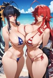 2girls 
high_school_dxd ahoge ai_generated akeno_himejima antenna_hair beach big_thighs bikini black_hair blue_eyes bombacopta huge_ahoge huge_breasts purple_eyes red_hair rias_gremory ribbon thick_thighs touching_breast