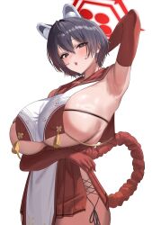1girls animal_ears armpits arms_up big_breasts black_hair blue_archive blue_eyes blush breasts eyebrows_visible_through_hair female female_focus female_only gloves hair_between_eyes halo highres huge_breasts large_breasts looking_at_viewer open_mouth red_halo short_hair sideboob simple_background skirt solo solo_female tsubaki_(blue_archive) white_background yeon