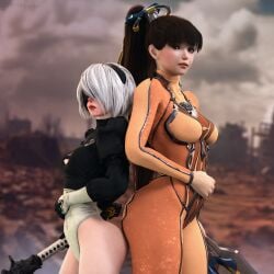 2girls 3d back_to_back big_ass big_butt blender clothed crossover eve_(stellar_blade) ginkasu high_resolution highres large_ass large_butt nier:_automata no_sex sfw stellar_blade yorha_2b