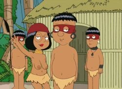 animated baseball_cap black_hair bouncing_breasts chris_griffin dark-skinned_female family_guy female glasses gold_earrings gold_hoop_earrings gold_jewelry gold_neck_rings guido_l hidalgo_(family_guy) hoop_earrings hut jumping jungle loincloth loincloth_bulge loka_(family_guy) male married_couple mask meg_griffin neck_rings necklace penis red_hat red_mask skirt smile teenager text topless tribal walking