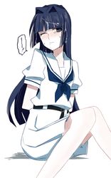 arms_behind_back ascot belt blue_eyes blue_hair blush cum cum_on_hair facial hair_intakes hime_cut hirose_sumire long_hair saki school_uniform short_sleeves sitting skirt solo wince wink yashu